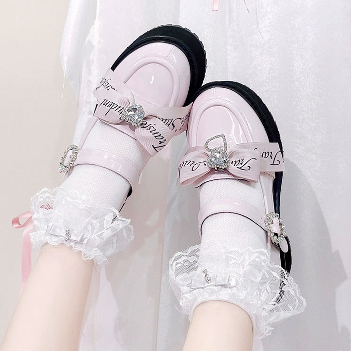 Jirai Kei Shoes Rhinestone Bow Platform Shoes With Shoe Clip (34 35 36 37 38 39 40) 38042:594428