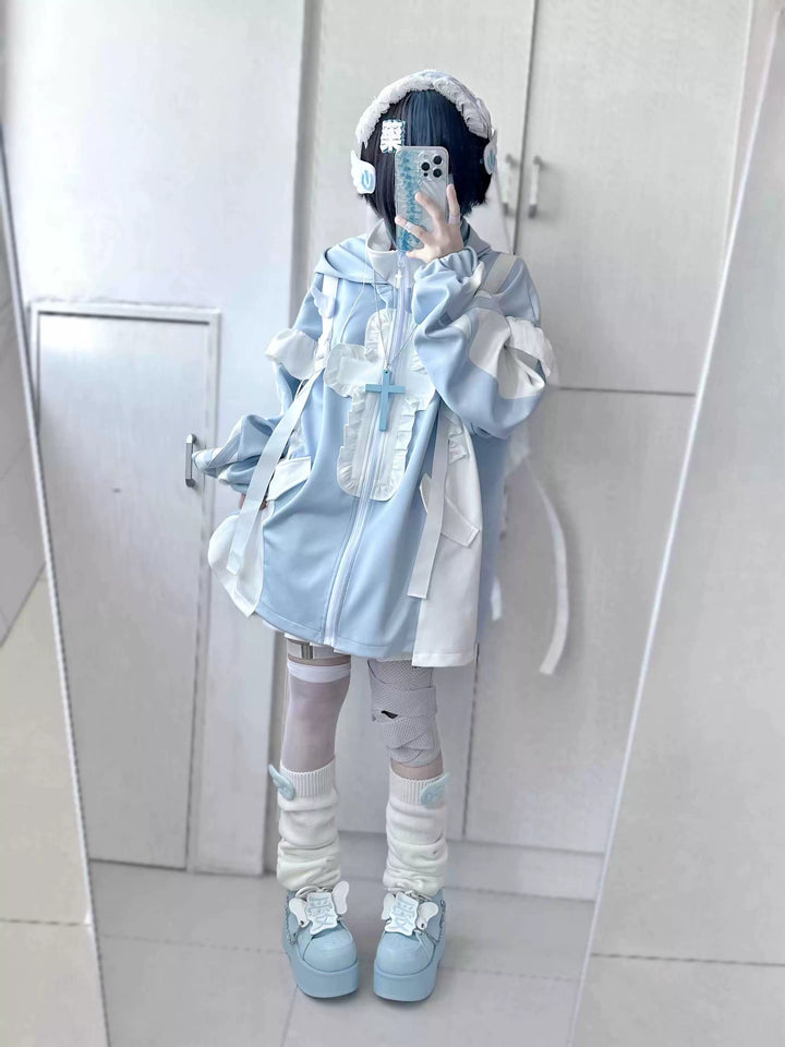 Tenshi Kaiwai Full Set Flounced Blue Cat Ears Coat & Shorts Set 39094:615418