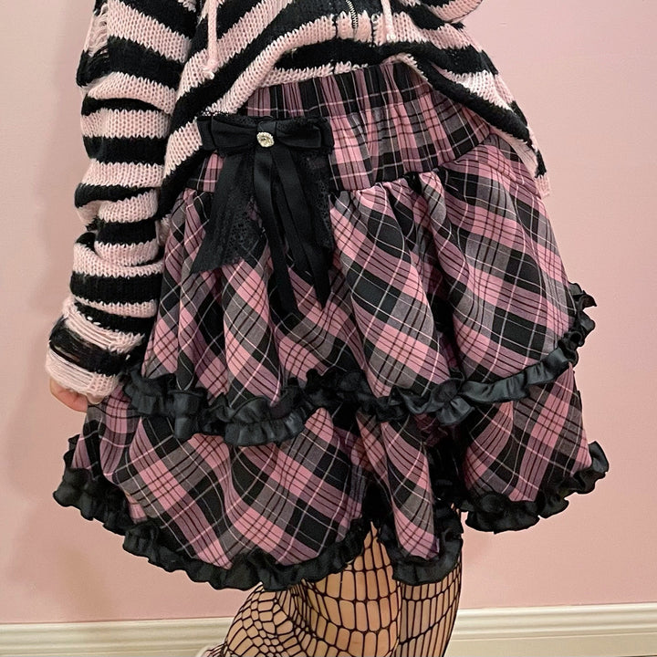 Punk Plaid Skirt Pink Blue Skirt Bow Layered Ruffle Skirt (L M) 33818:445978 (L M) 33818:445978