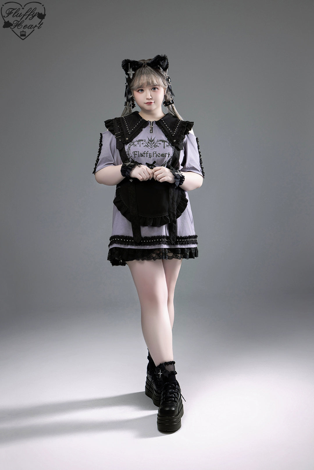 Cotton Sub Jirai Kei T-Shirt Dress, Pointed Collar, Open Shoulder 43373:774835