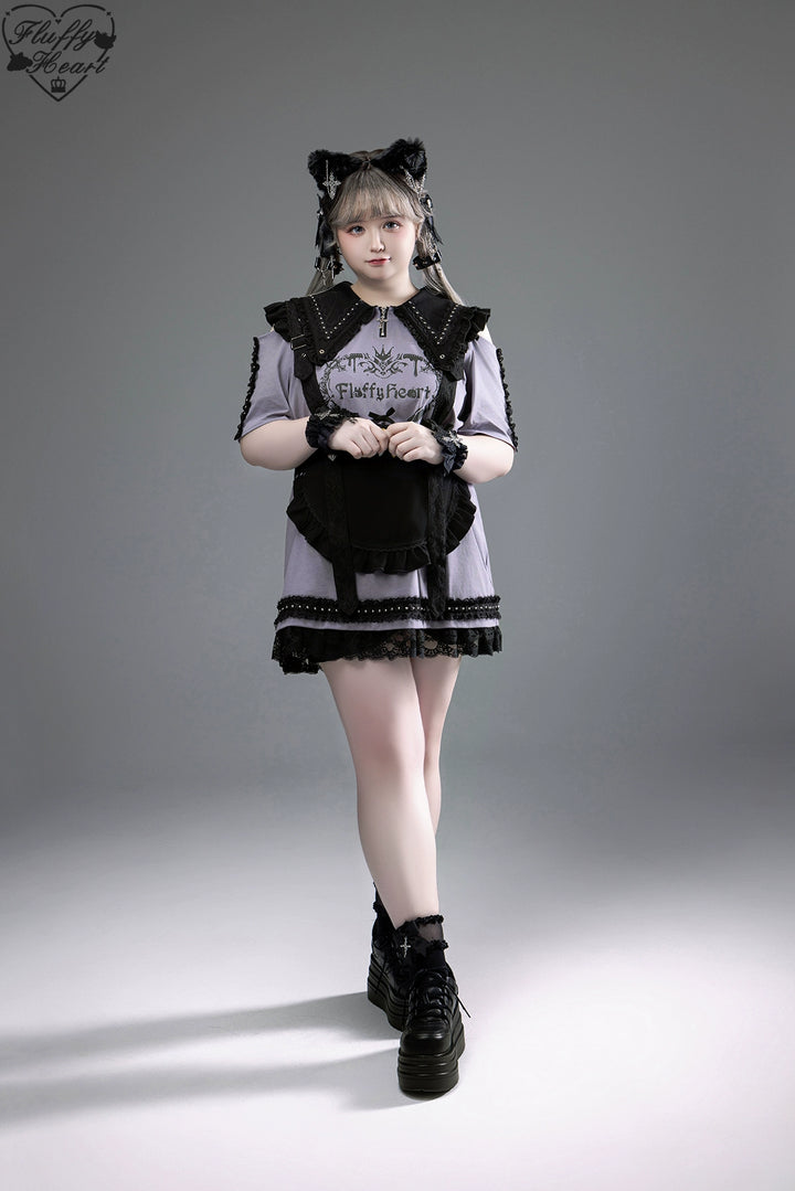 Cotton Sub Jirai Kei T-Shirt Dress, Pointed Collar, Open Shoulder 43373:774835
