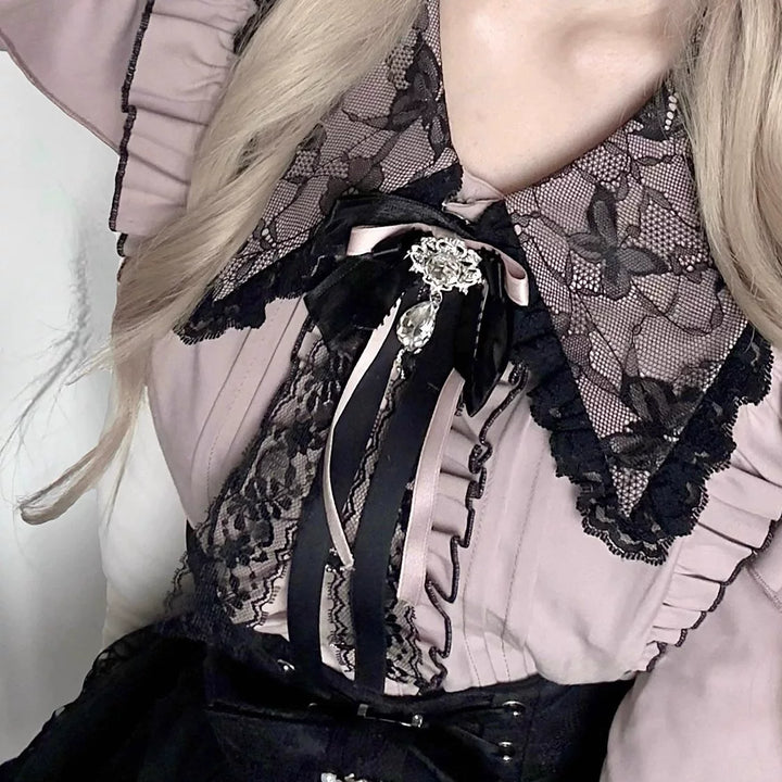 Jirai Kei Long Sleeve Blouse, Lace Overlay and Heart Buttons 44589:815142