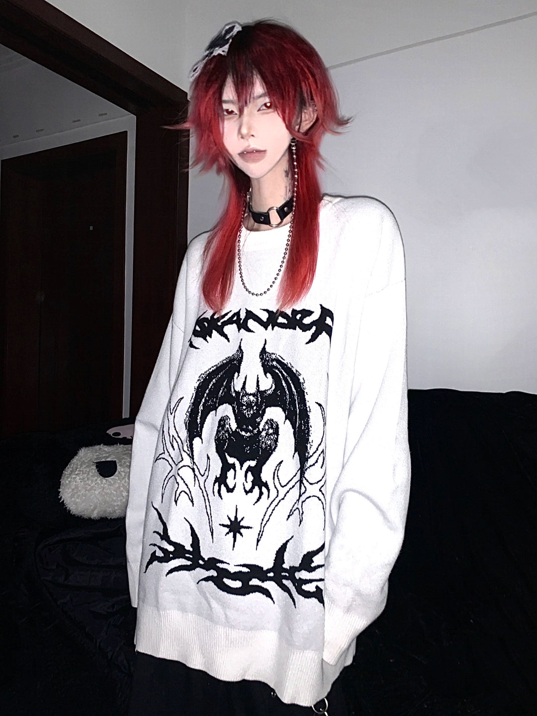 Punk Sweater White Bat Embroidered Sweater 39788:640154