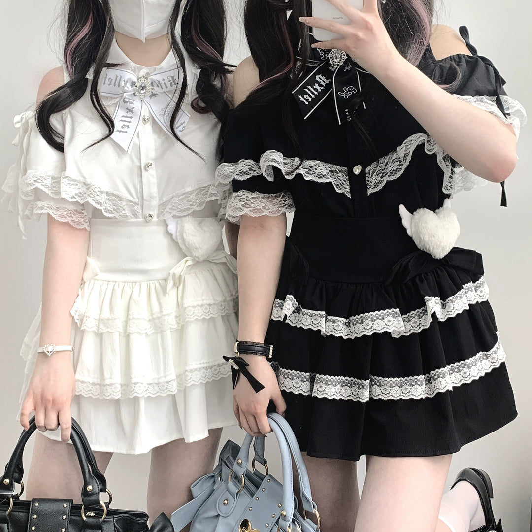 Jirai Kei Shirt Lace Open-shoulder Blouse Short Sleeve Top 36782:536786