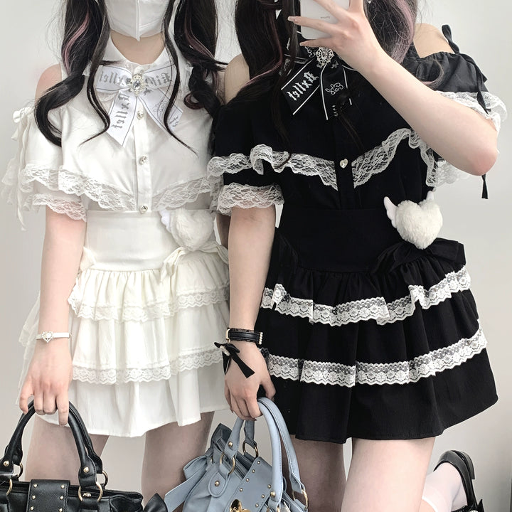 Jirai Kei Shirt Lace Open-shoulder Blouse Short Sleeve Top 36782:536786