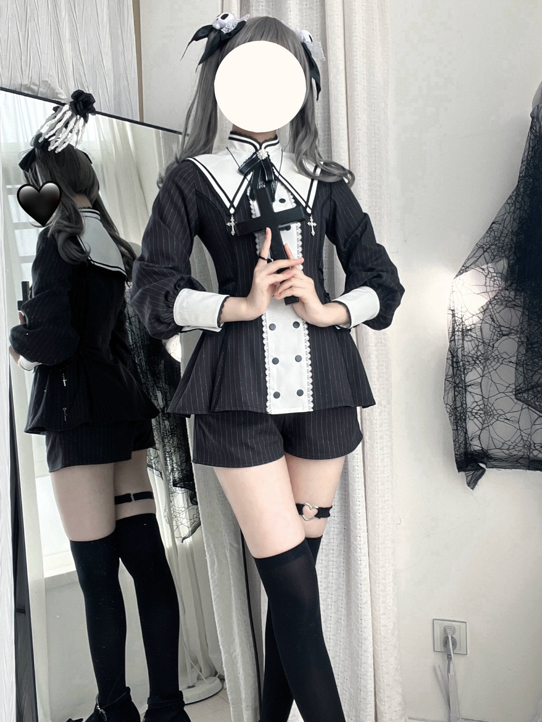 Striped Jirai Kei Set Up, Detachable Collar, Long/Short Sleeve Styles 43401:775821