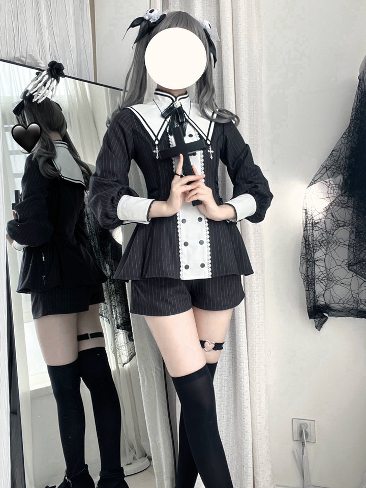 Striped Jirai Kei Set Up, Detachable Collar, Long/Short Sleeve Styles 43401:775821