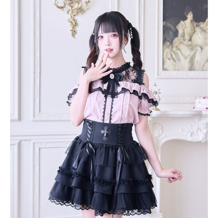 Jirai Kei Blouse with Hallow-out Upper & Rhinestone Bow Tie (L M XL) 42893:757695