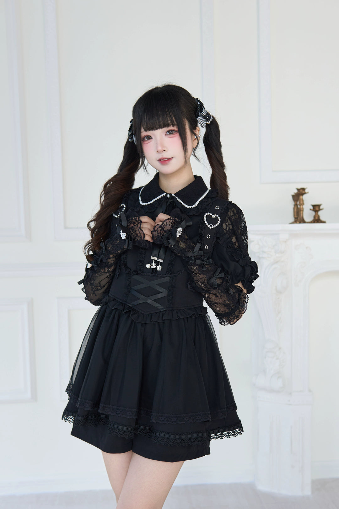 Jirai Kei Lace Arm Sleeves, Ribbon Bows, Rhinestones, Pearl Accents 43316:773893