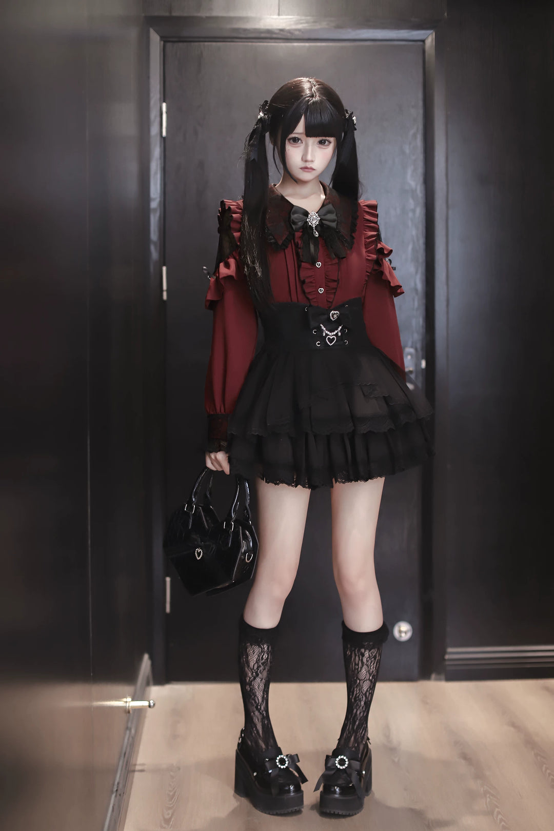Jirai Kei Long Sleeve Blouse, Lace Overlay and Heart Buttons 44589:815147
