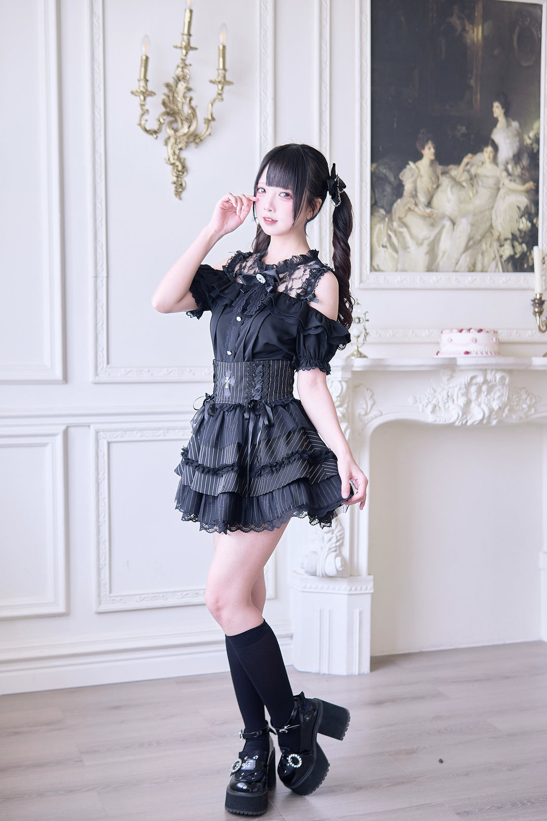 Jirai Kei Blouse with Hallow-out Upper & Rhinestone Bow Tie 42893:757707