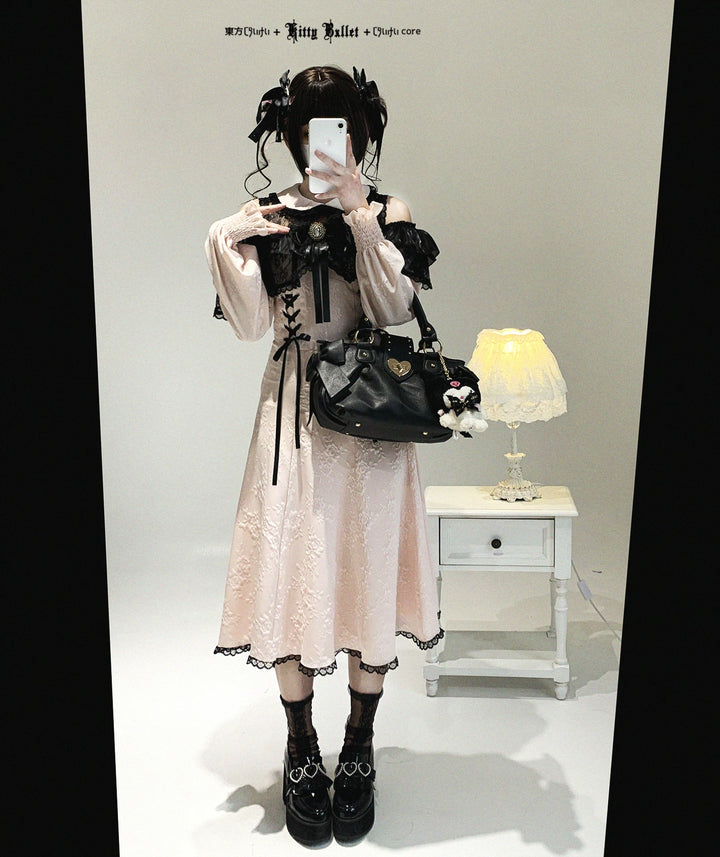 Elegant Long Open-Shoulder Dress, Subtle Floral Pattern 44473:809616