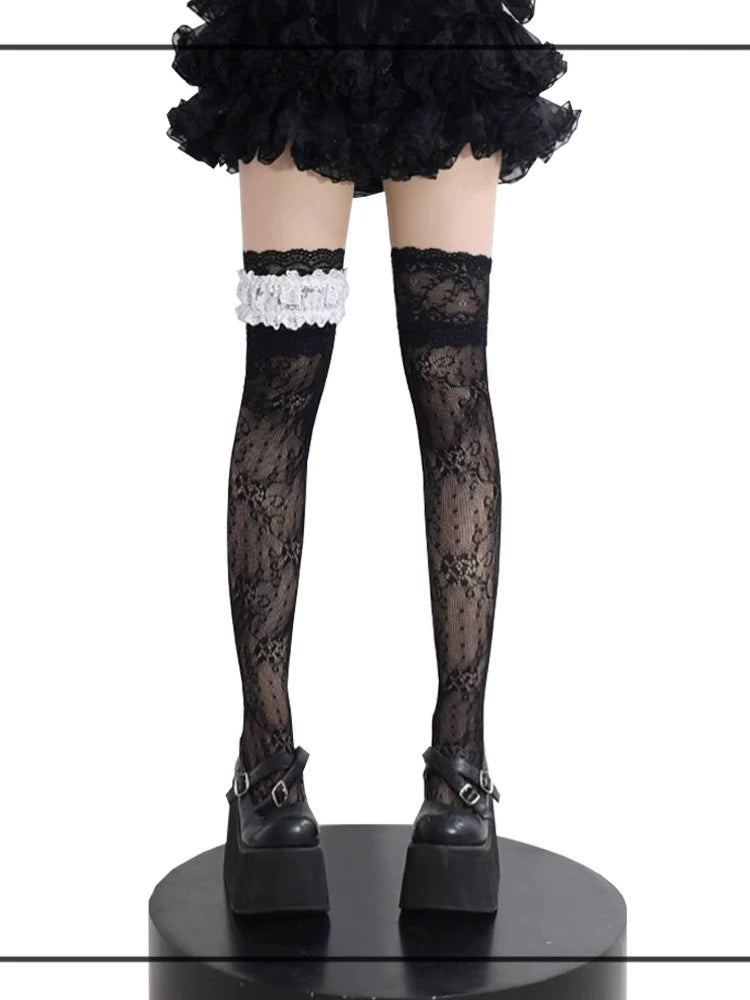 Gothic Lolita Lace Stockings, Bow Garter 43755:784427