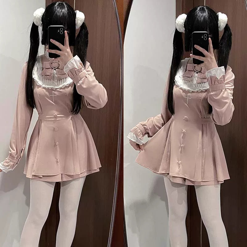 Plus Size Jirai Kei Black White Set Up Lace Bow Blouse Shorts (2XL 3XL 4XL L M S XL XS) 31850:816066