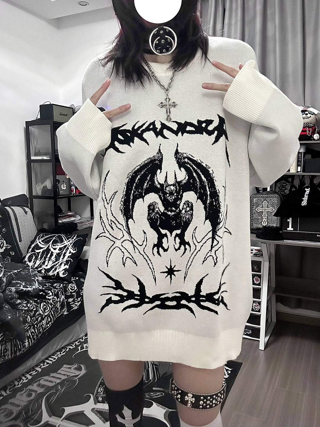 Punk Sweater White Bat Embroidered Sweater 39788:640200