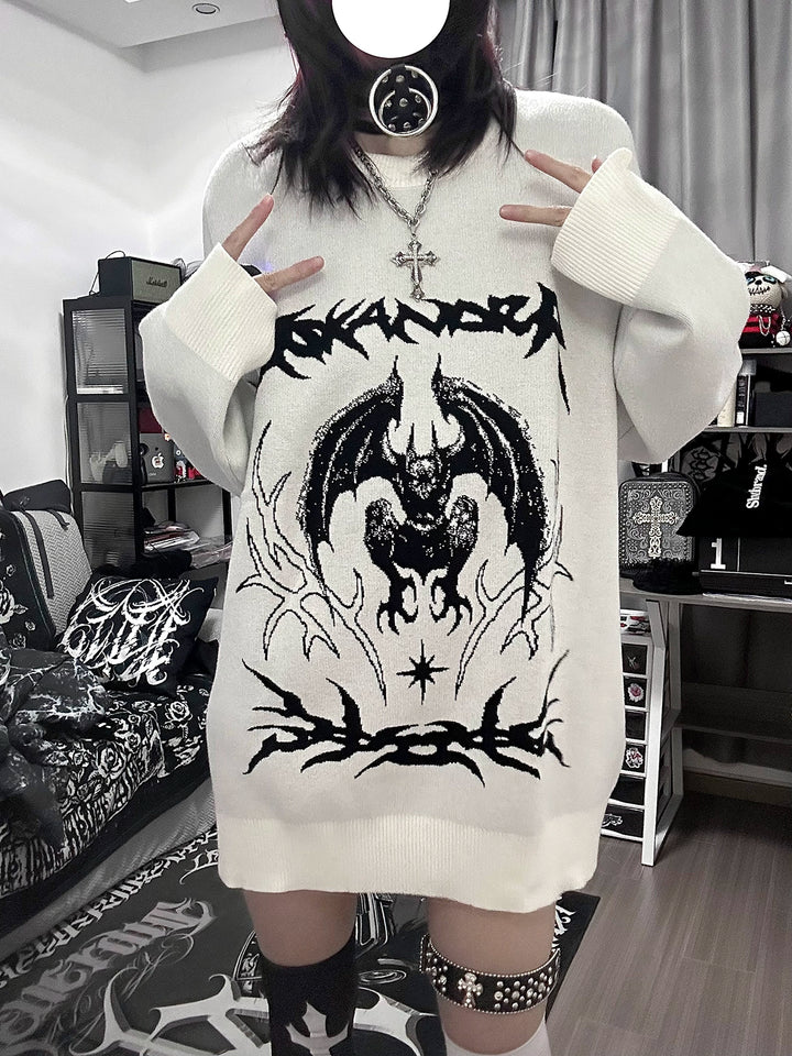Punk Sweater White Bat Embroidered Sweater 39788:640200