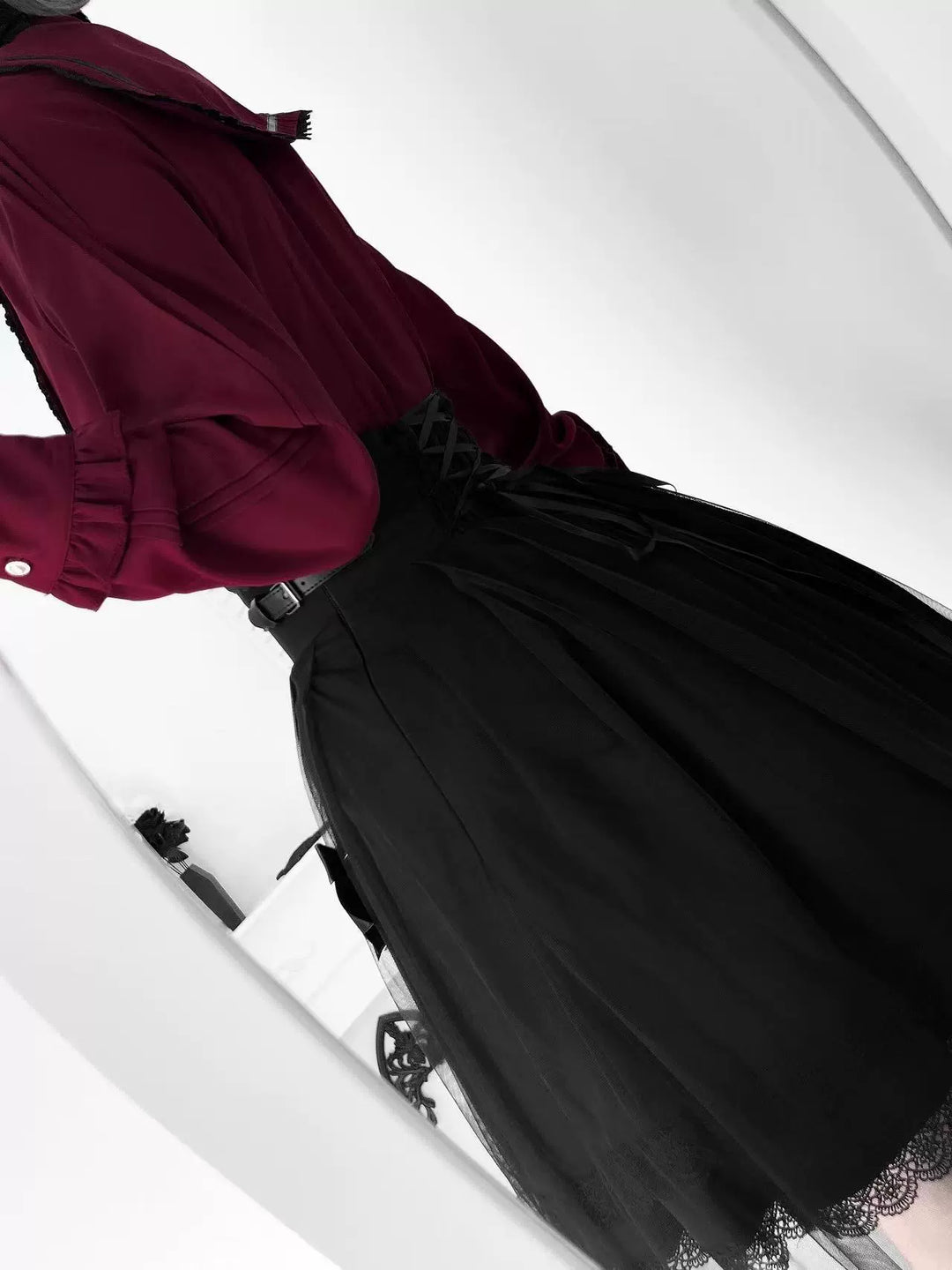 Jirai Kei Pointed Collar Blouse, Black High-Waist Skirt 44216:804932