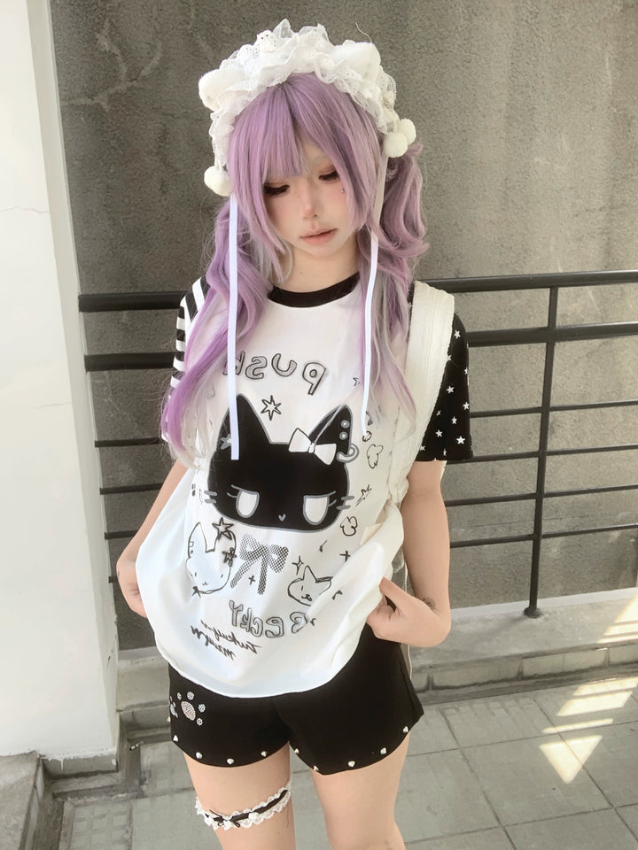 Kawaii Otaku Anime Cat Print Cotton Shirt Black & White 42851:755309