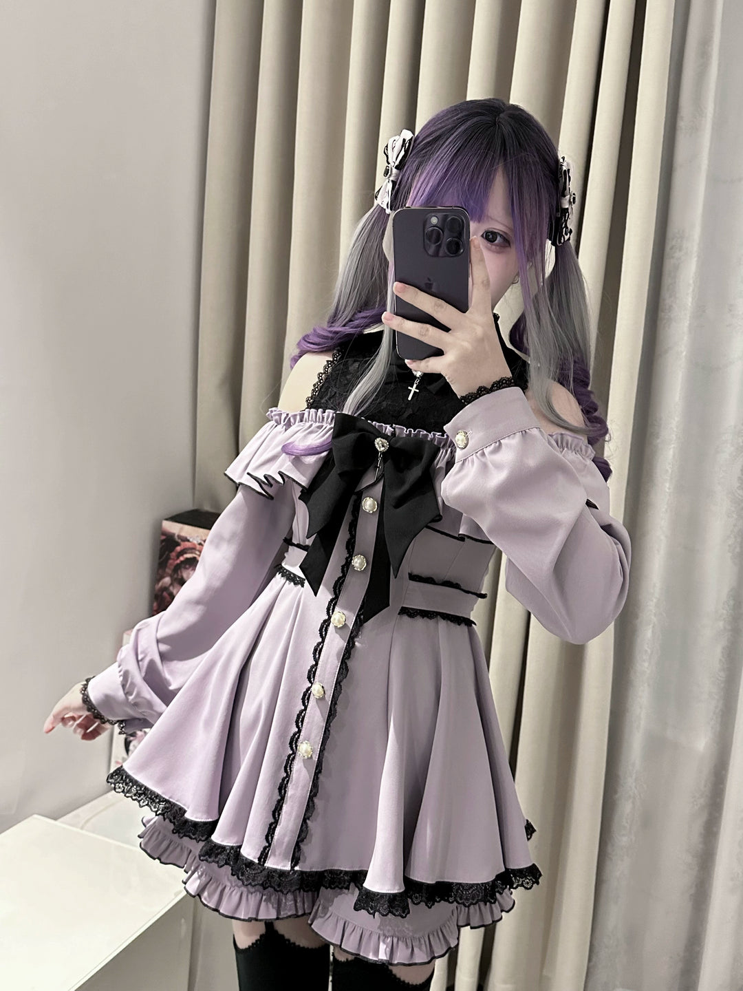Jirai Kei Dress Set, Open-Shoulder Dress, Lace Patchwork 41552:703566