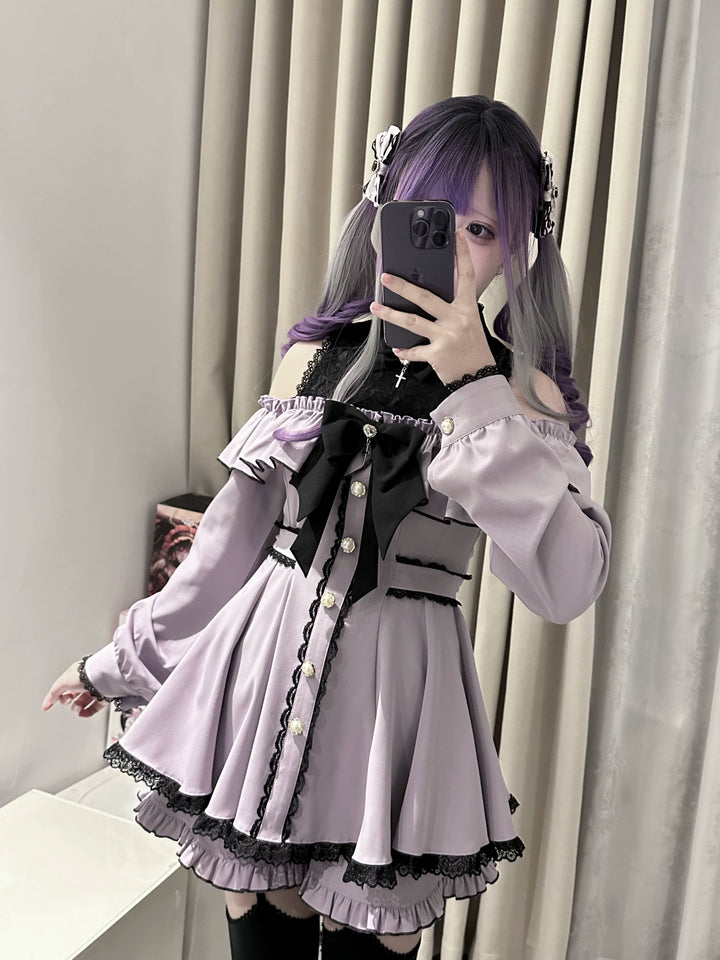 Jirai Kei Dress Set, Open-Shoulder Dress, Lace Patchwork 41552:703566