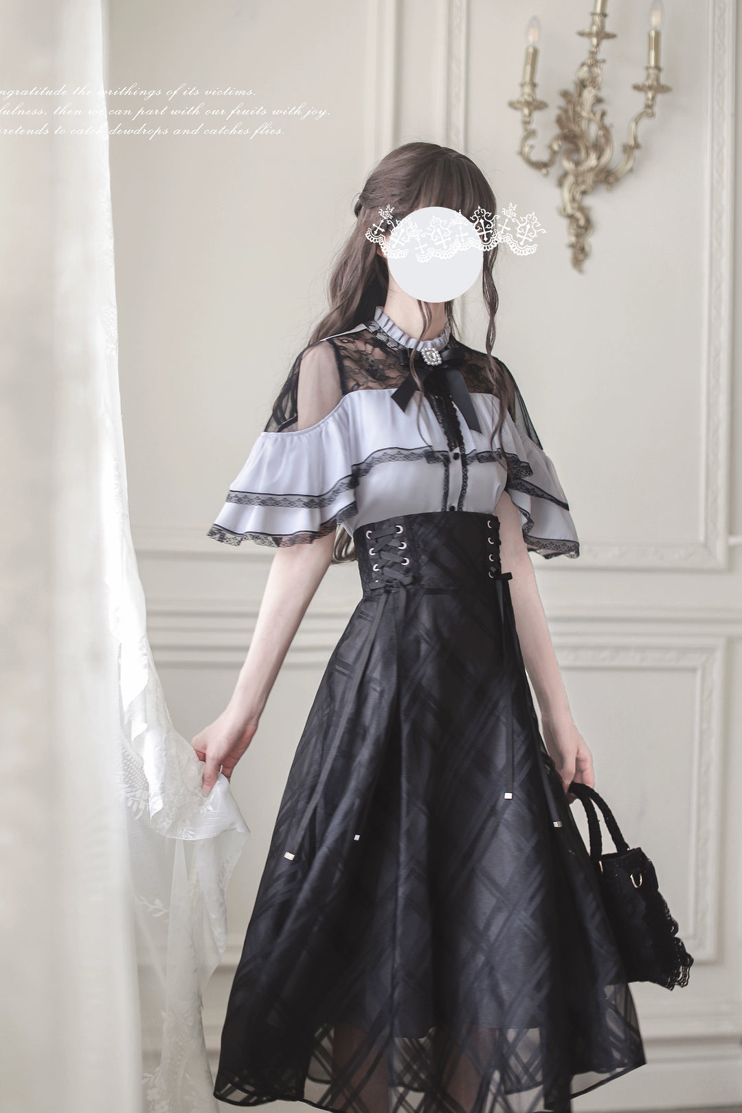 Black Maxi Jirai Kei Skirt, Purple Cape Blouse 43111:766081
