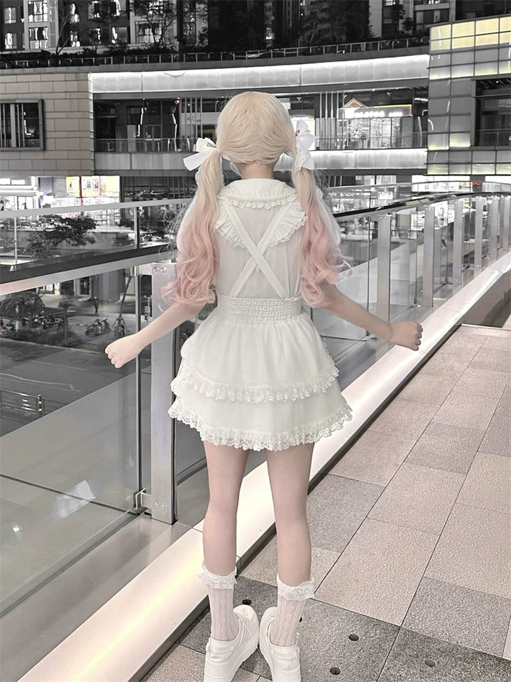 White Ryousangata Suspender Skirt, Peter Pan Collar Blouse 43475:777753