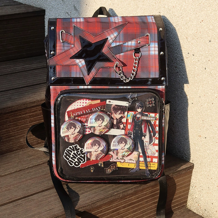 Subculture Ita Bag Plaid Star Large Capacity Ita Backpack (Black-Red) 40120:665838