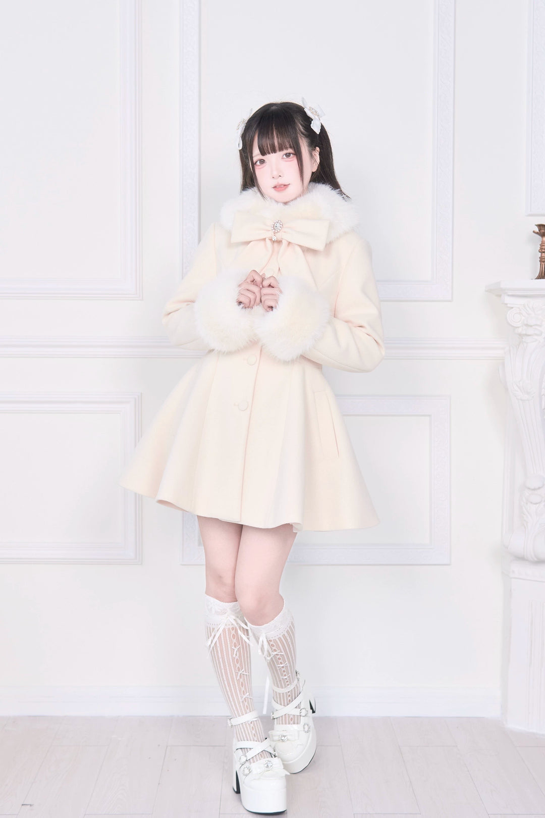 Jirai Kei Winter Coat, Faux Fur Trim, Detachable Cape 44066:794456
