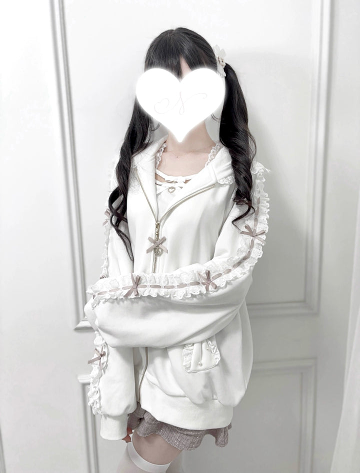 Jirai Kei Zip-Up Hoodie, Ruffle Lace and Bows 44176:800890