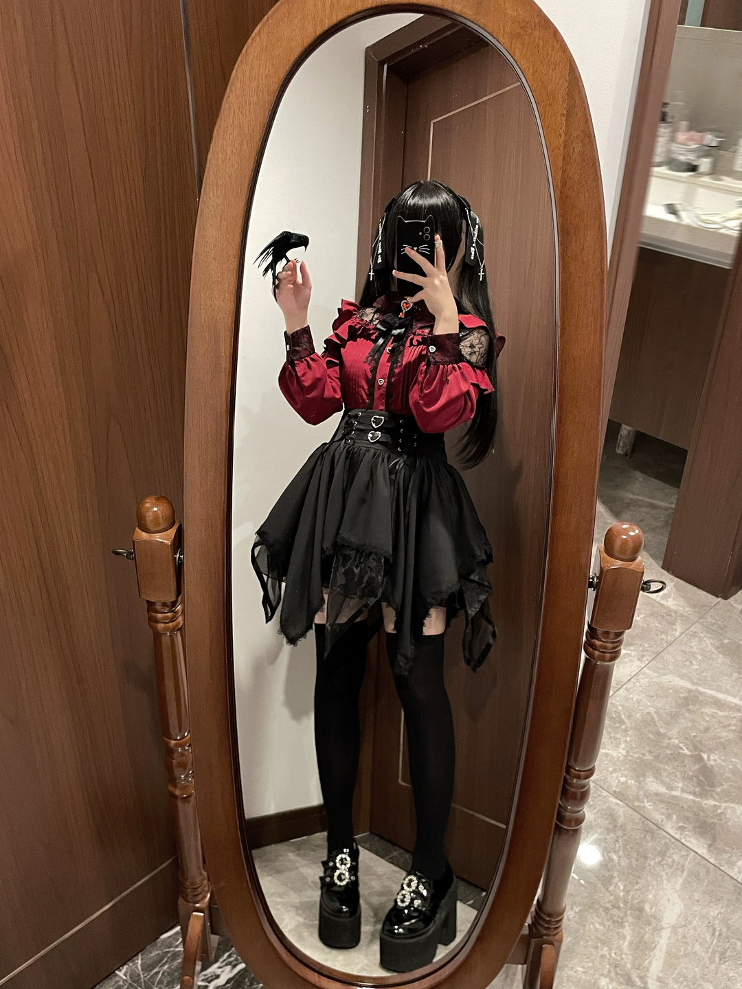 Jirai Kei Blouse Lace Bat Collar Burgundy And Black Shirt 39630:633398