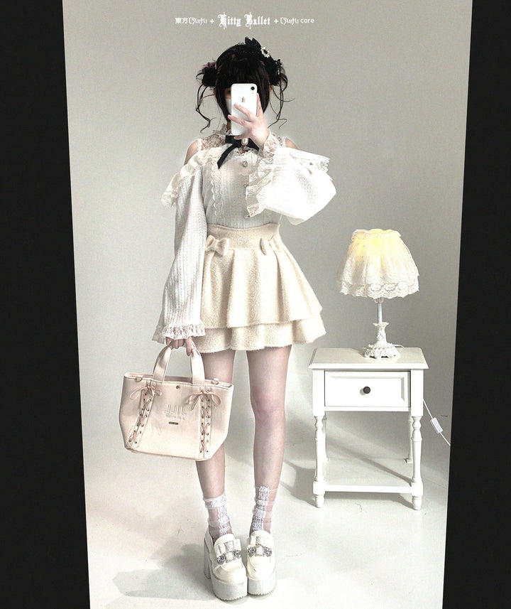 Jirai Kei Off-Shoulder Sweater, Lace Neck 44471:811022