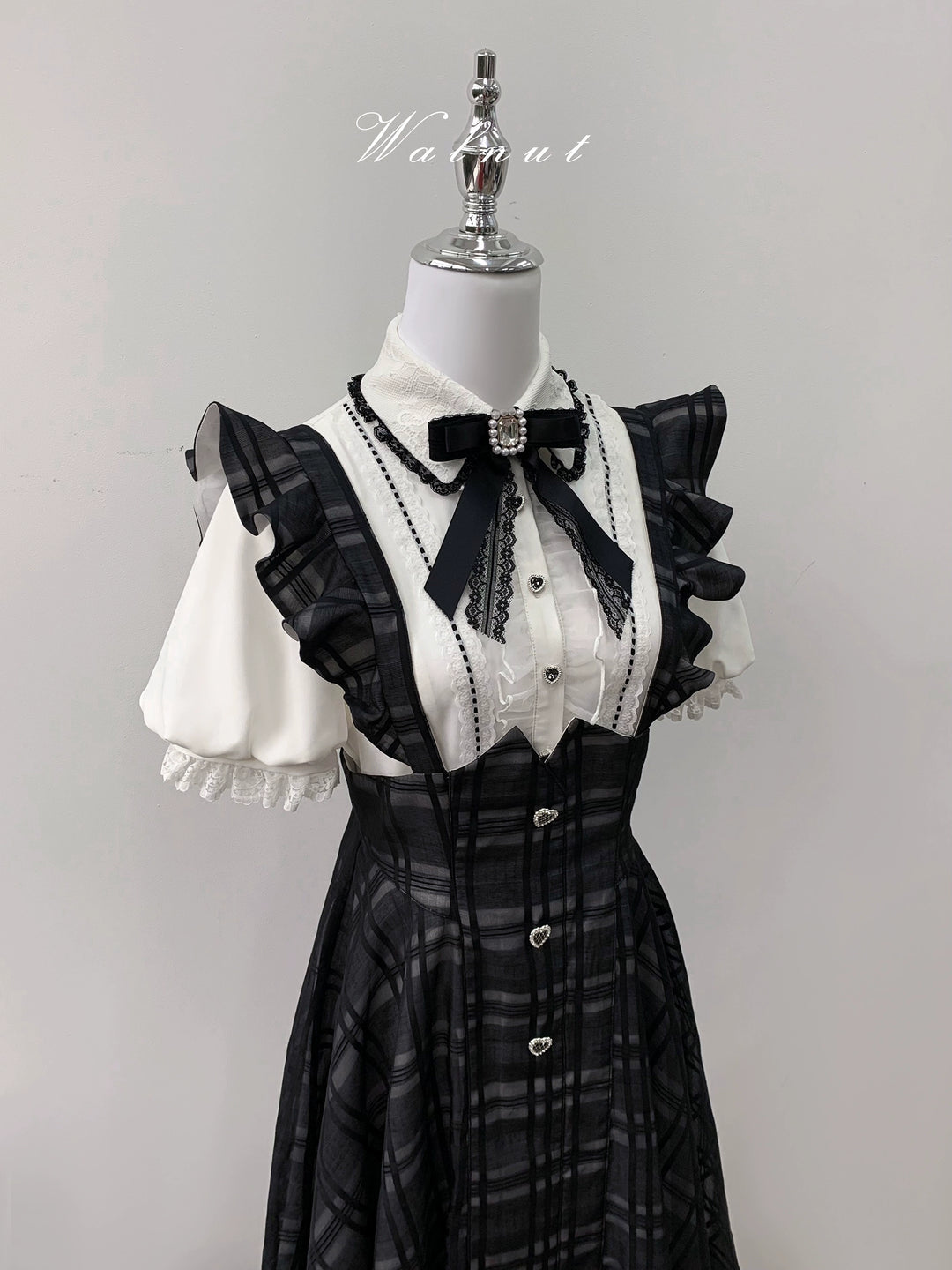 Black Plaid Jirai Kei Suspender Skirt, White Blouse 42918:757778