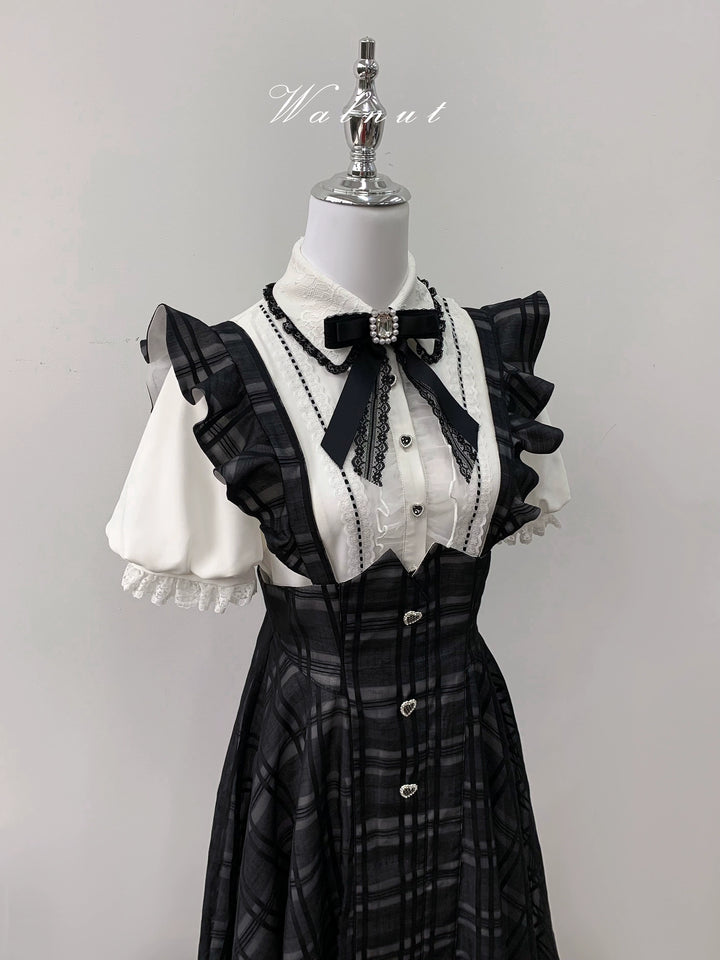 Black Plaid Jirai Kei Suspender Skirt, White Blouse 42918:757778