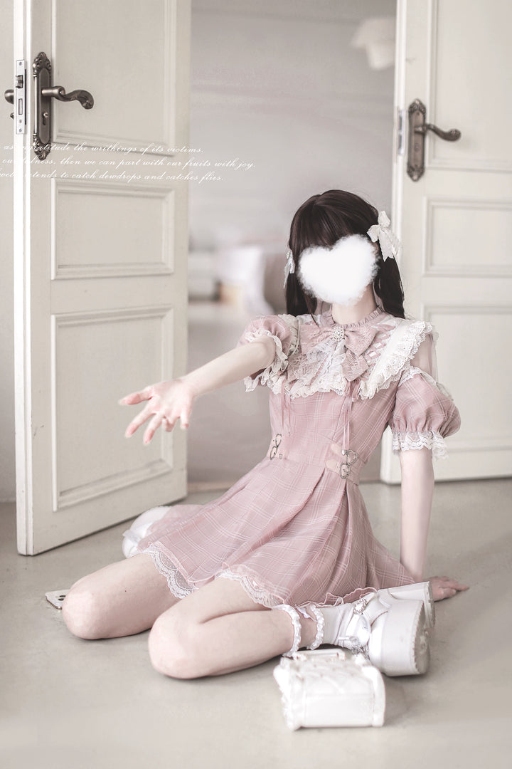 Pink Ryousangata Dress, Lace Trim & Square Rhinestone Bow 43193:770333