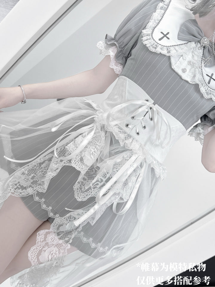 Striped Jirai Kei Dress Set Sailor Collar with Cross Details 42785:752982