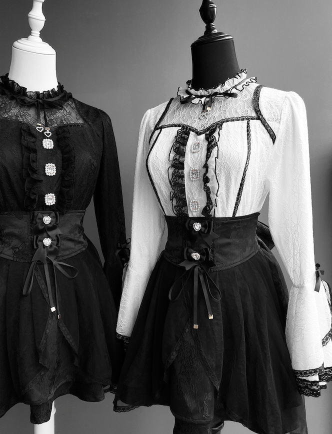 Jirai Kei Lace Blouse and Jacquard Skirt, Hime Sleeves 43943:792447