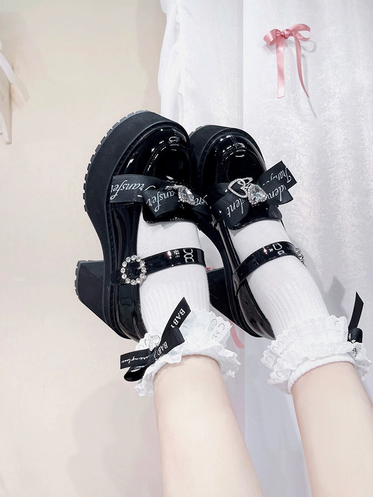 Jirai Kei Shoes Rhinestone Bow Platform Shoes With Shoe Clip 38042:594400
