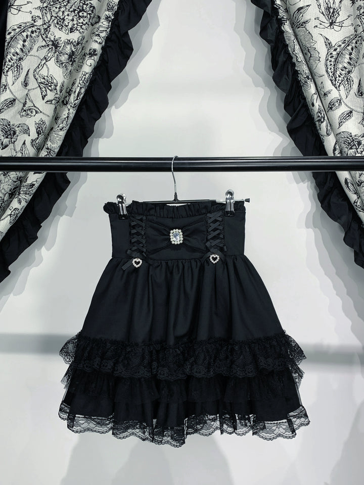 High-Waistband Jirai Kei Skirt, Tiered Lace Hem (L M S XL) 44115:803721