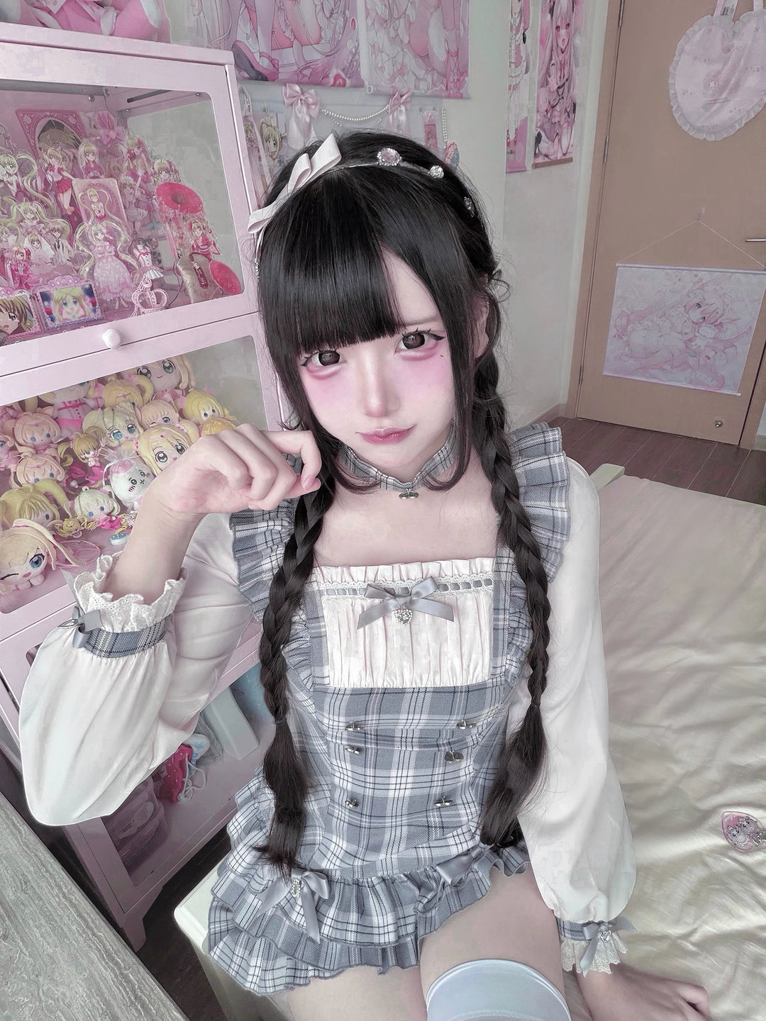 Ryousangata Pink Grey Plaid Dress Set with Choker 46077:874934