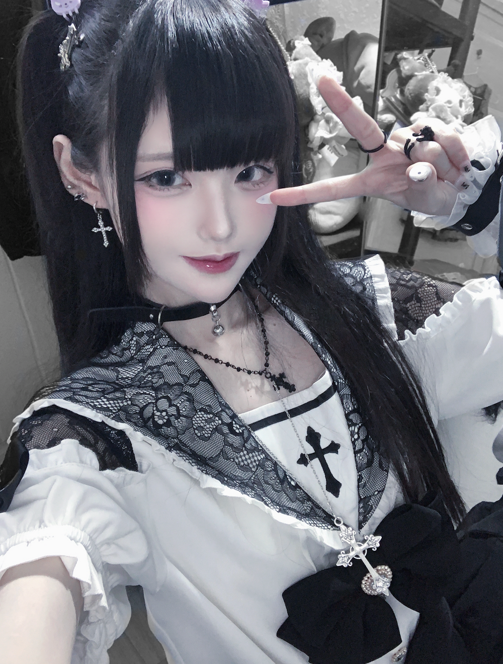 Sailor Collar Jirai Kei Blouse, High Waist Skirt, Embroidered Cross (L M XL) 37118:552530
