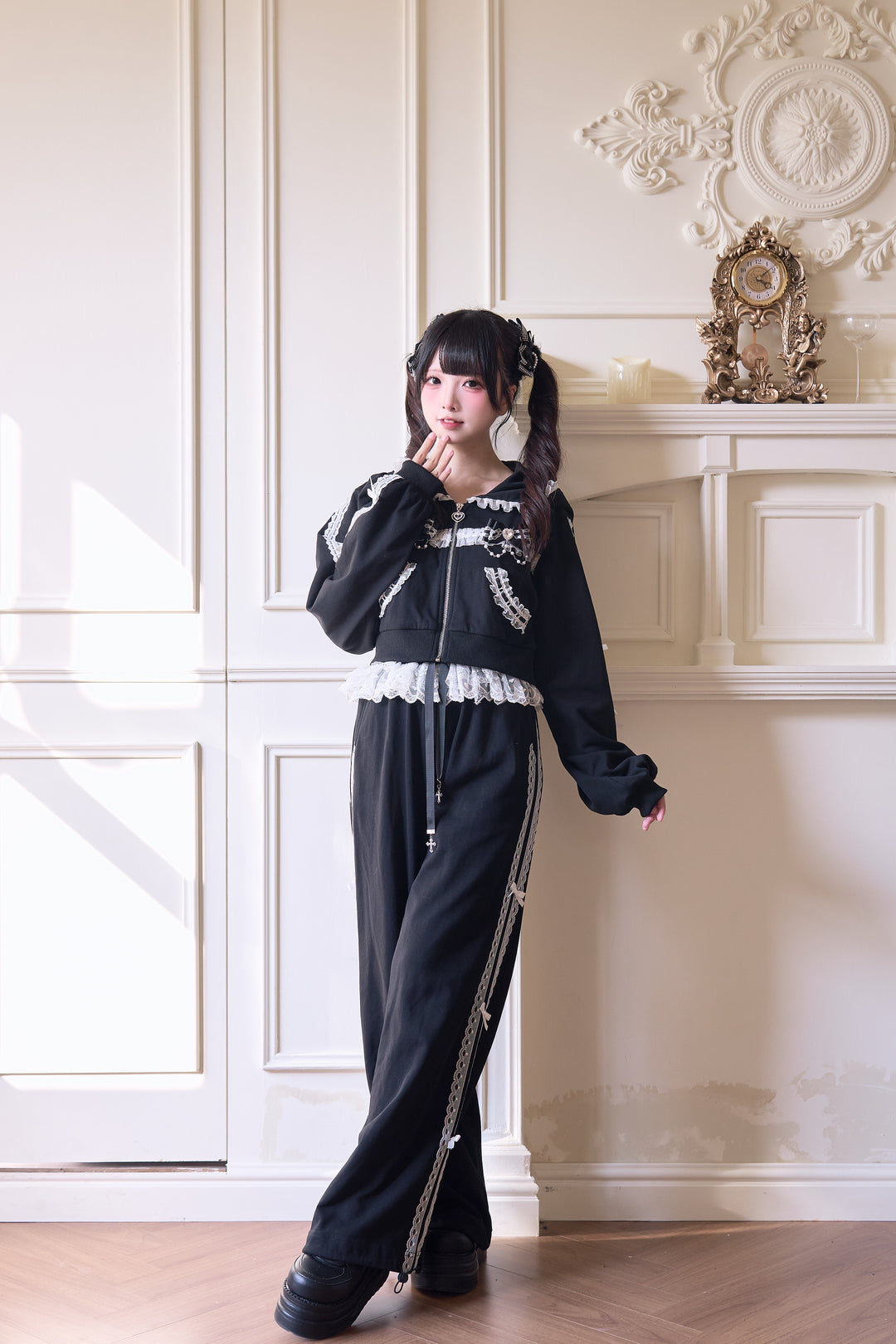 Sport Jirai Kei Hoodie Jacket Pants and Skirt with Lace Detail 42521:743634