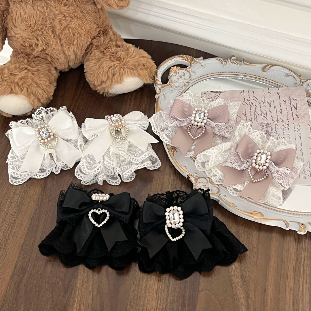 Jirai Kei Lace Cuffs, Pearl, Rhinestone & Heart Pendant 43317:774140