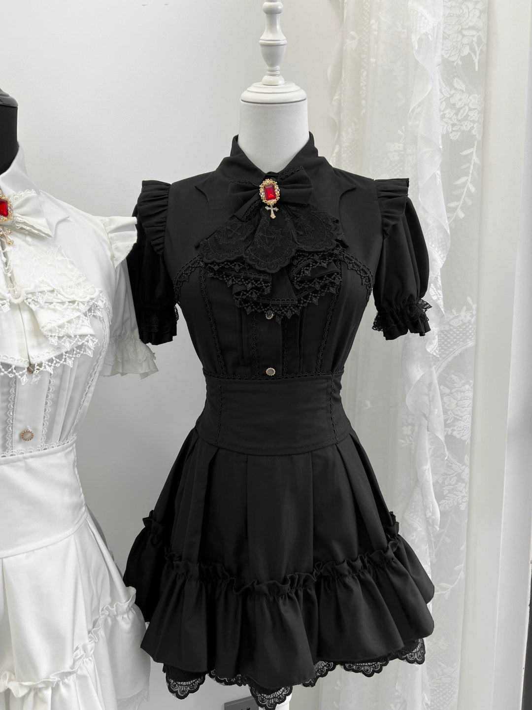 Jirai Kei High-Waist Skirt, Tiered Ruffles and Lace (2XL L M S XS) 44365:807236