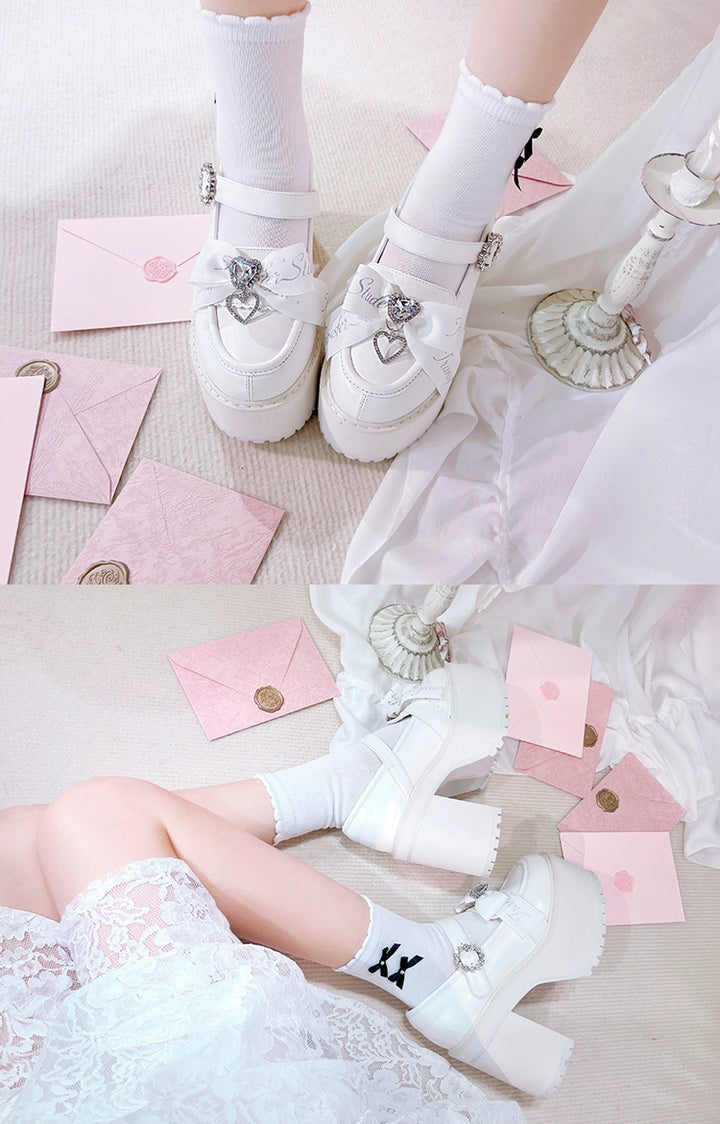 Jirai Kei Shoes Rhinestone Bow Platform Shoes With Shoe Clip 38042:594410