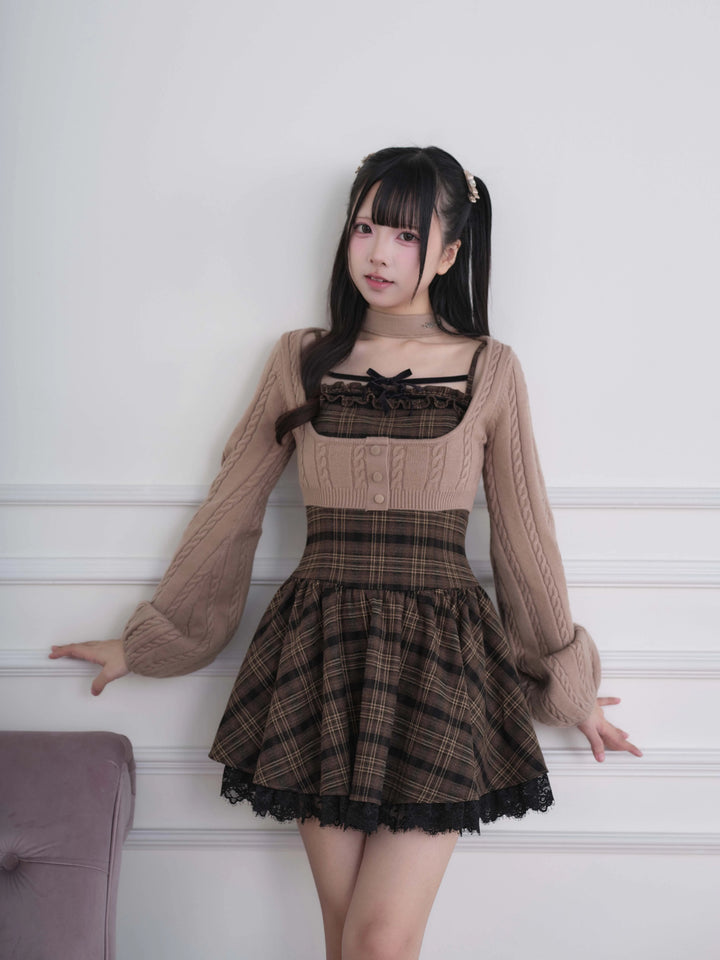 Ryousangata Plaid Dress & Knit Sweater Set, Choker-Neck (M S) 46032:873338