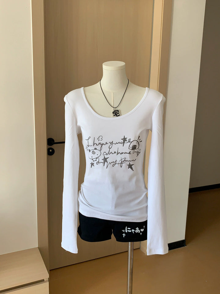 Long-Sleeved Gyaru Style Shirt with Otaku Graphic Print 42901:757242