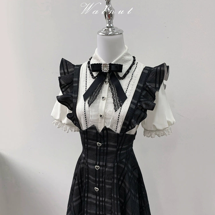 Black Plaid Jirai Kei Suspender Skirt, White Blouse 42918:757784