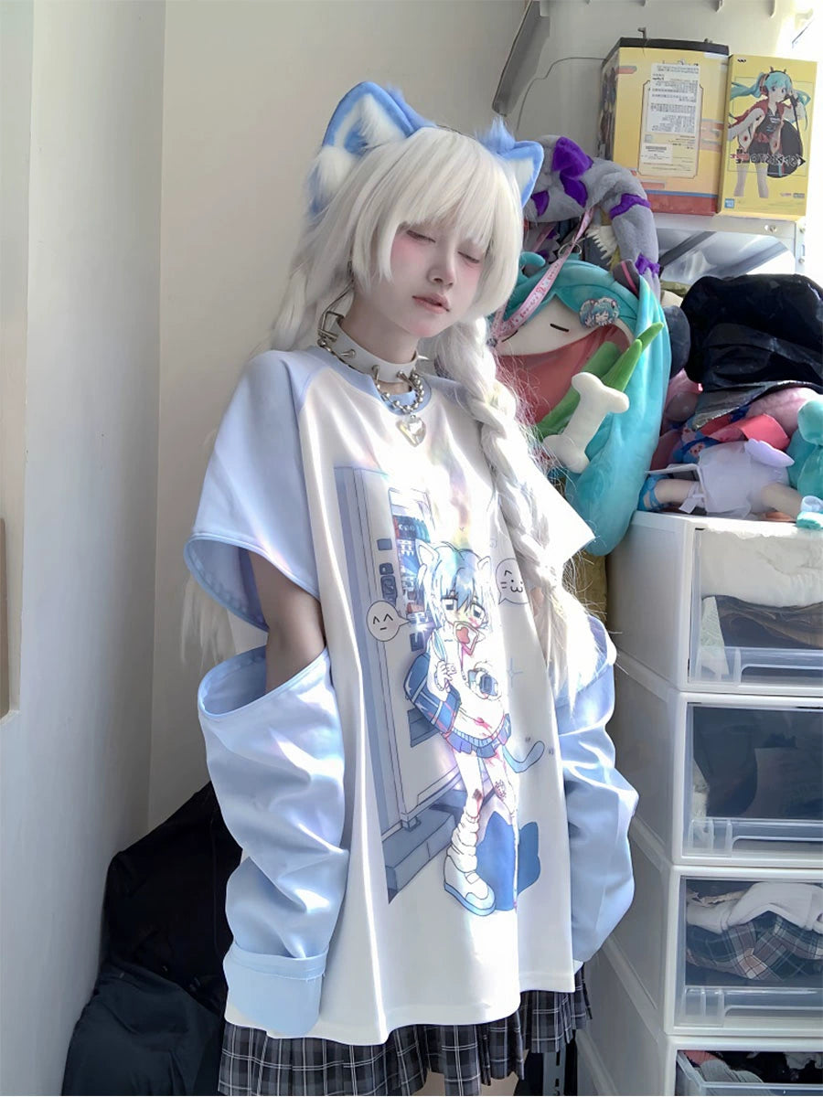 Tenshi Kaiwai Dark Grey Sky Blue Detachable Sleeves T-shirts 29182:337086