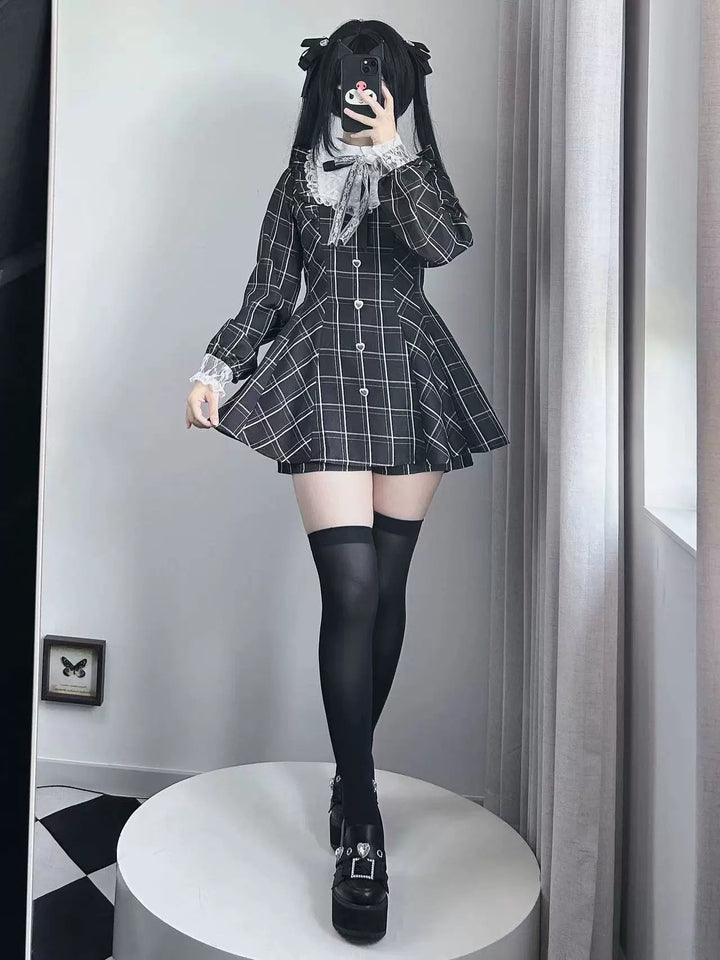 Jirai Kei Dress Set Long-sleeved Plaid Dress And Shorts 39444:620590