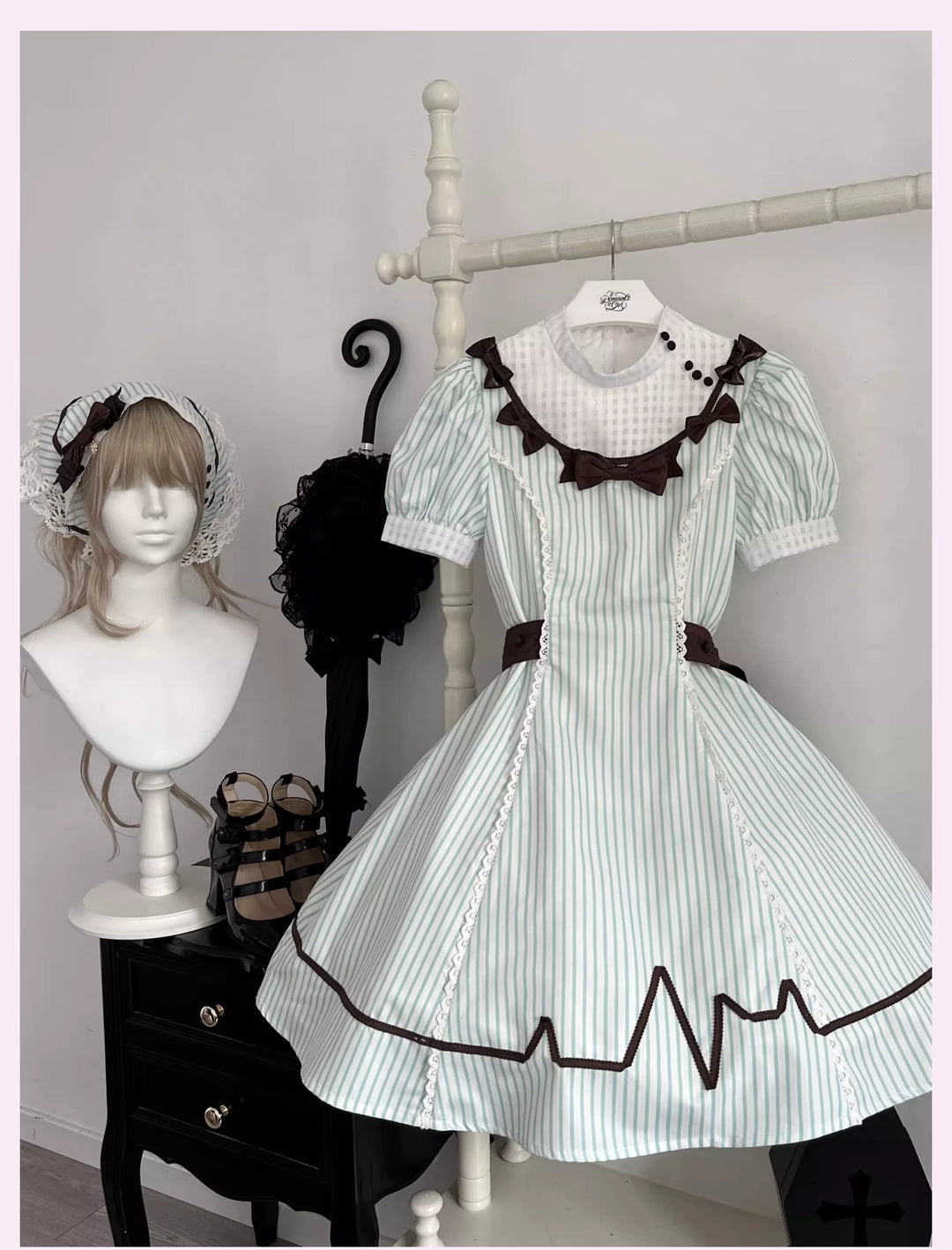 Old School Lolita Striped Dress, Cross Apron (L M S XL) 45136:836804